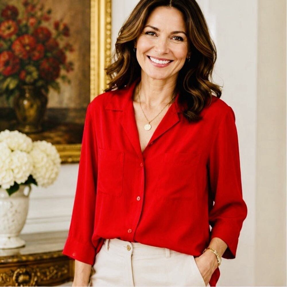 NWT New Anna and Frank Red 100% Silk Shirt Top Blouse M 3/4 Sleeve Button Down